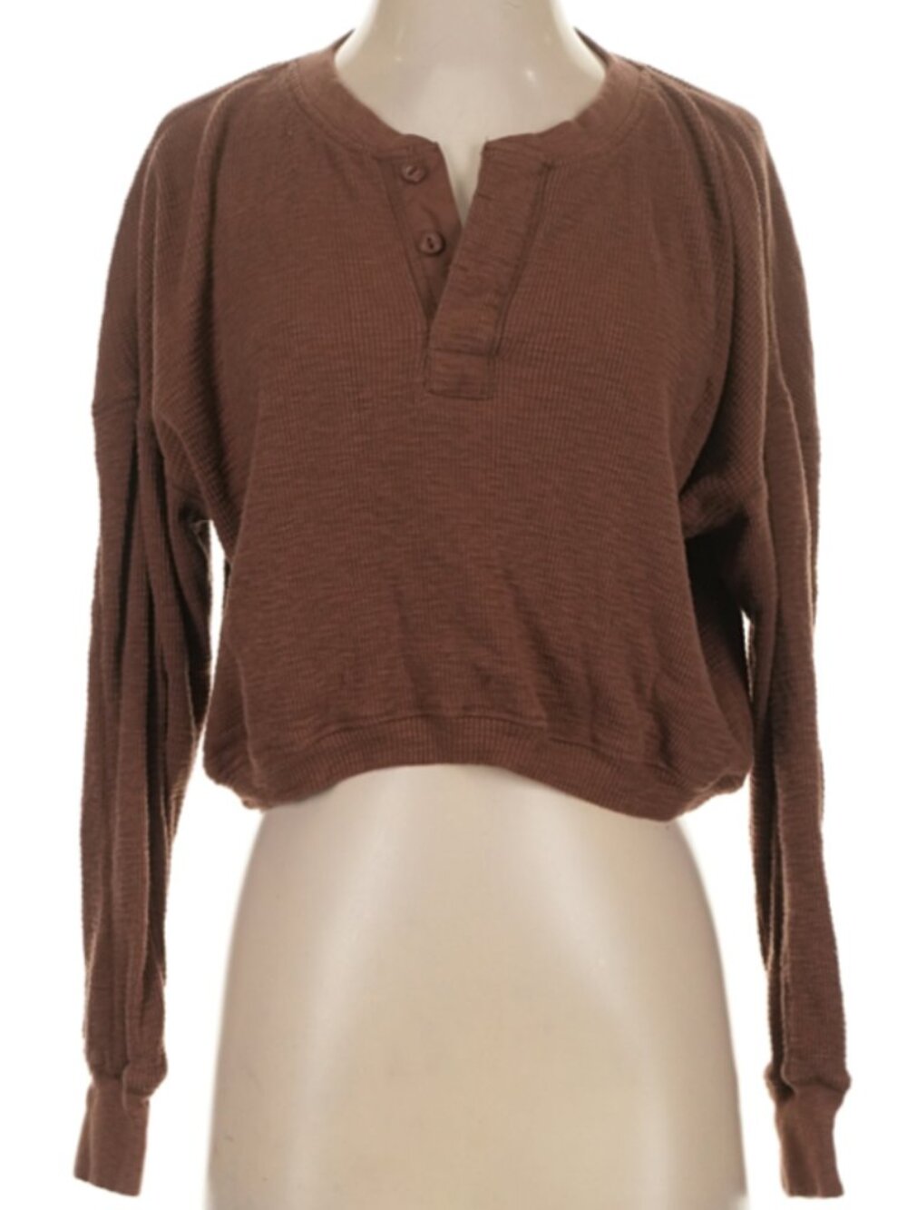 Fitz + Eddi 100% Cotton Brown Cropped Long Sleeve Waffle Henley Top Small S